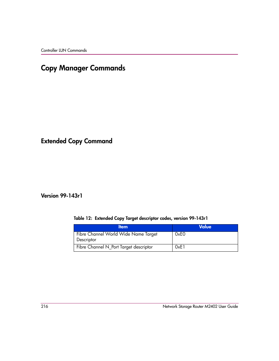 Copy manager commands, Extended copy command, Version 99143r1 | Version 99-143r1 | HP Network Storage Router m2402 User Manual | Page 210 / 244
