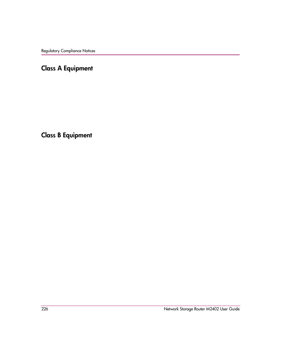 Class a equipment, Class b equipment, Class a equipment class b equipment | HP Network Storage Router m2402 User Manual | Page 220 / 244