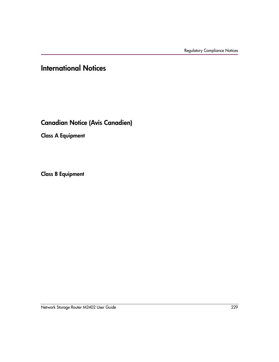 International notices, Canadian notice (avis canadien), Class a equipment | Class b equipment, Class a equipment class b equipment | HP Network Storage Router m2402 User Manual | Page 223 / 244