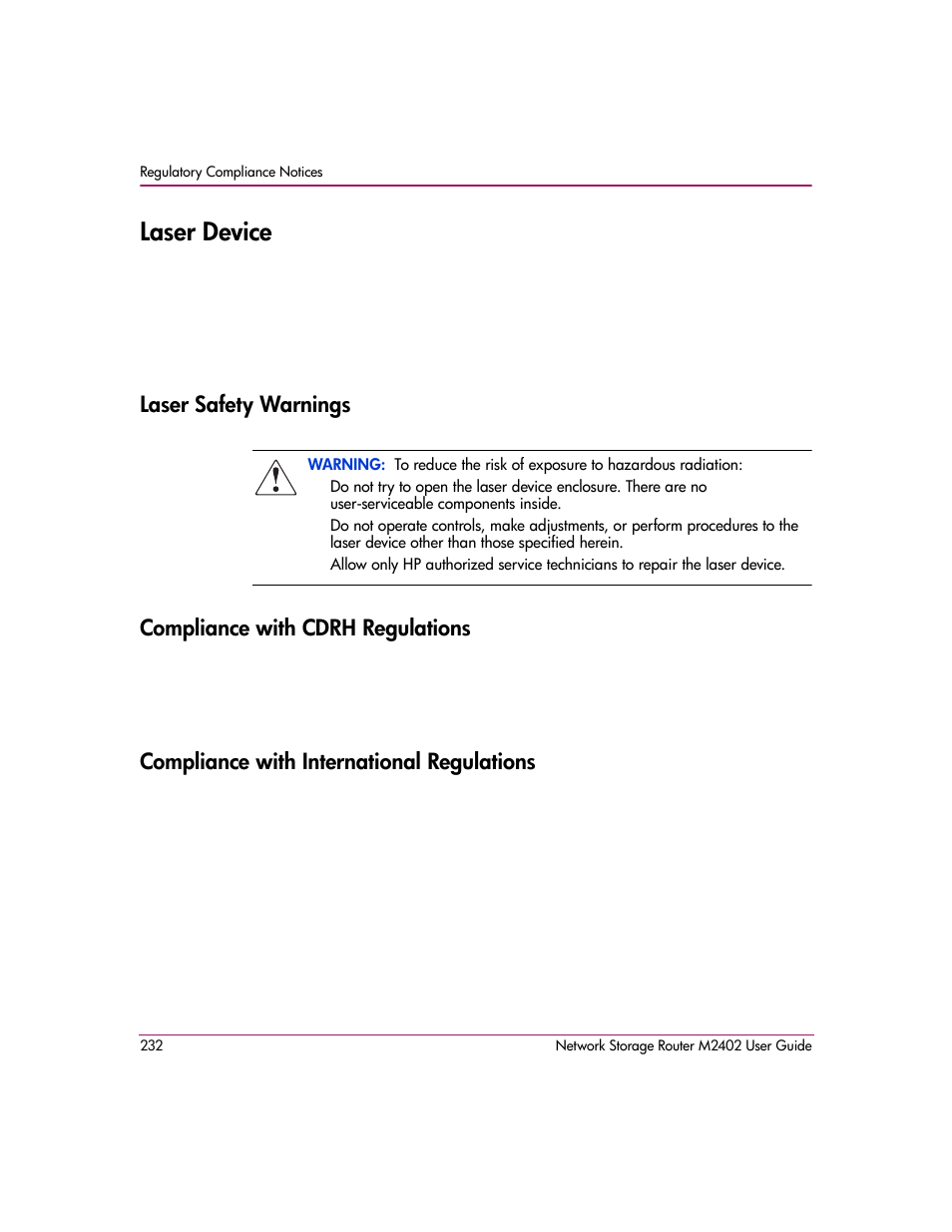Laser device, Laser safety warnings, Compliance with cdrh regulations | Compliance with international regulations | HP Network Storage Router m2402 User Manual | Page 226 / 244