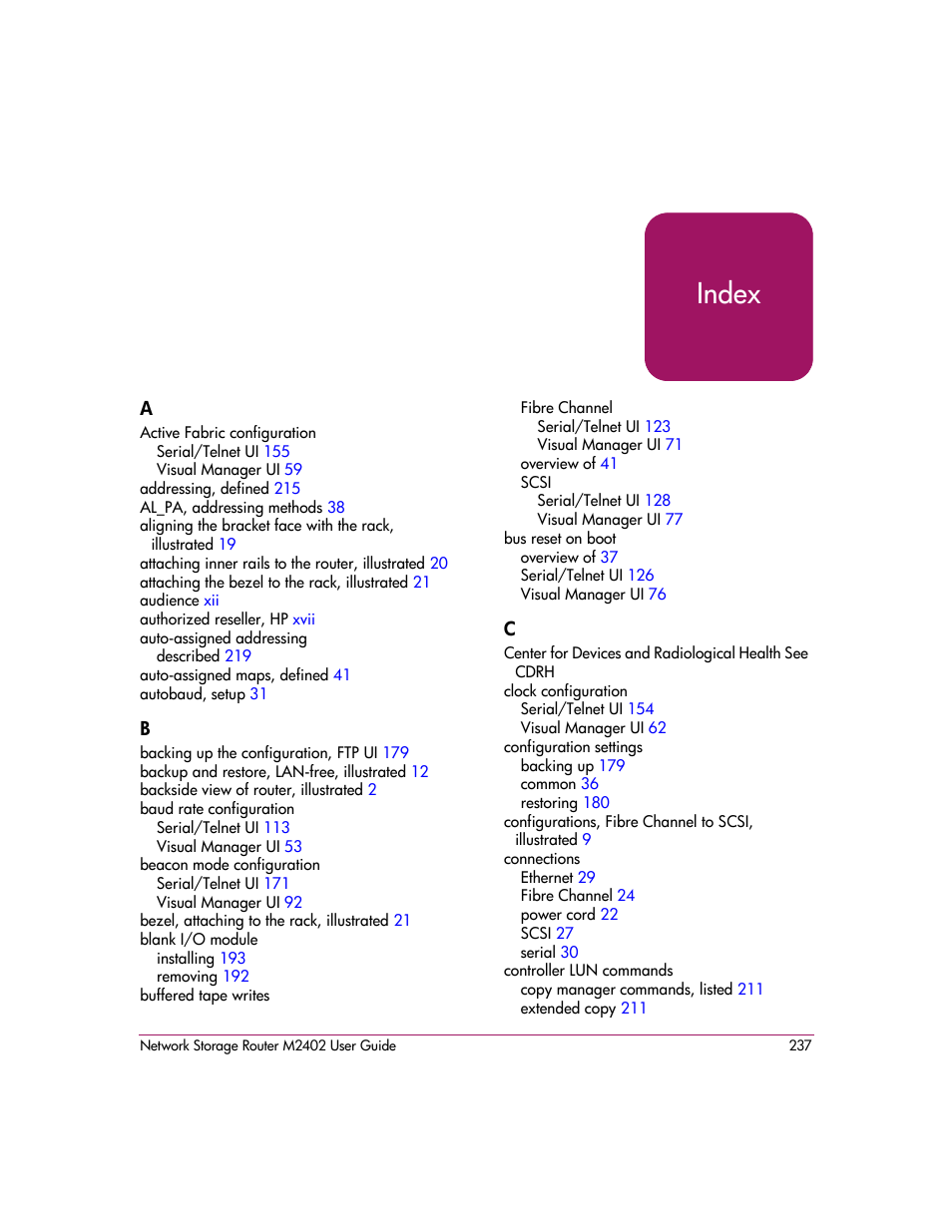 Index | HP Network Storage Router m2402 User Manual | Page 231 / 244