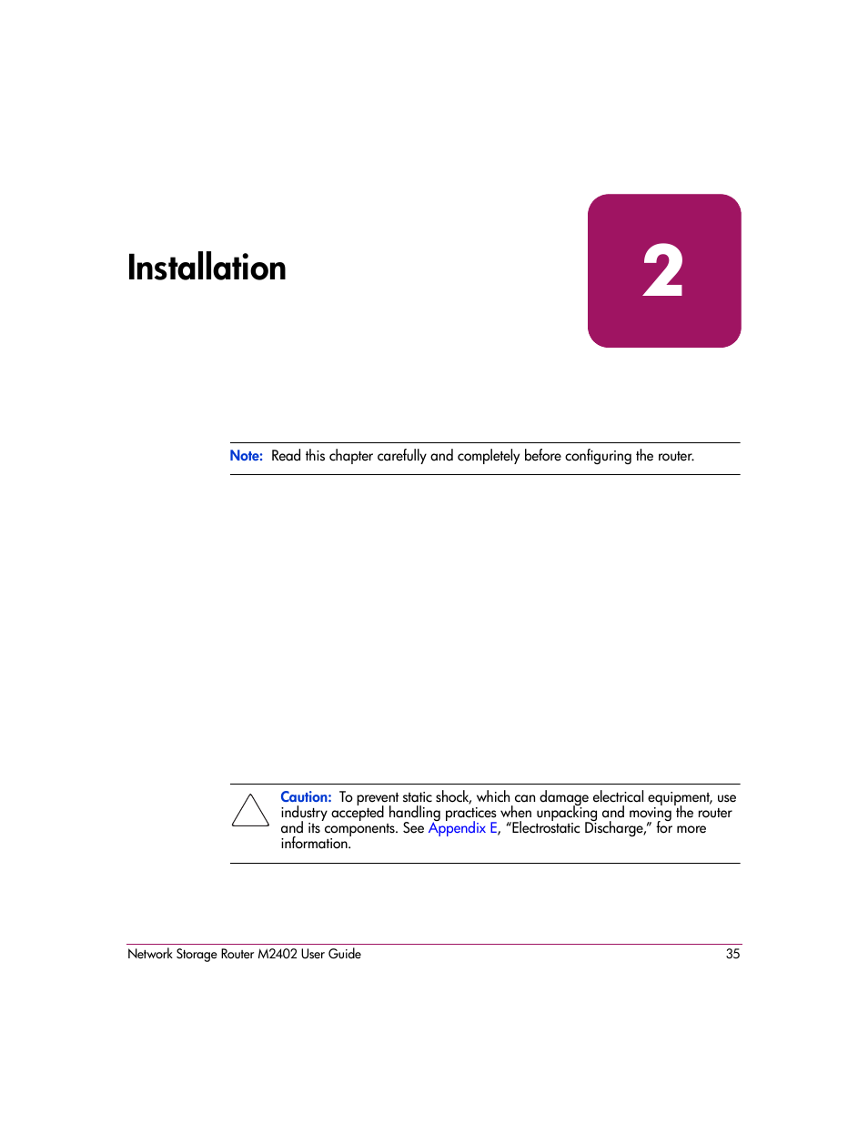 Installation, 2 installation | HP Network Storage Router m2402 User Manual | Page 29 / 244