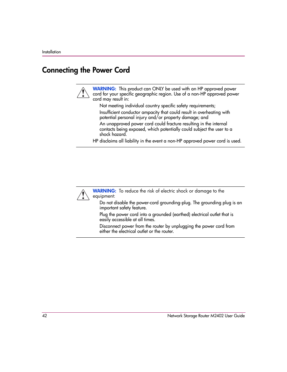 Connecting the power cord | HP Network Storage Router m2402 User Manual | Page 36 / 244