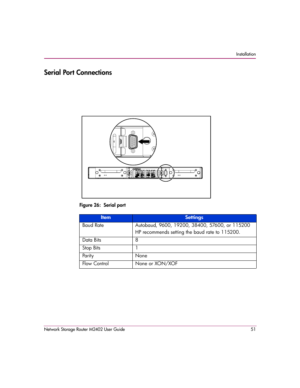 Serial port connections, Figure 26: serial port | HP Network Storage Router m2402 User Manual | Page 45 / 244
