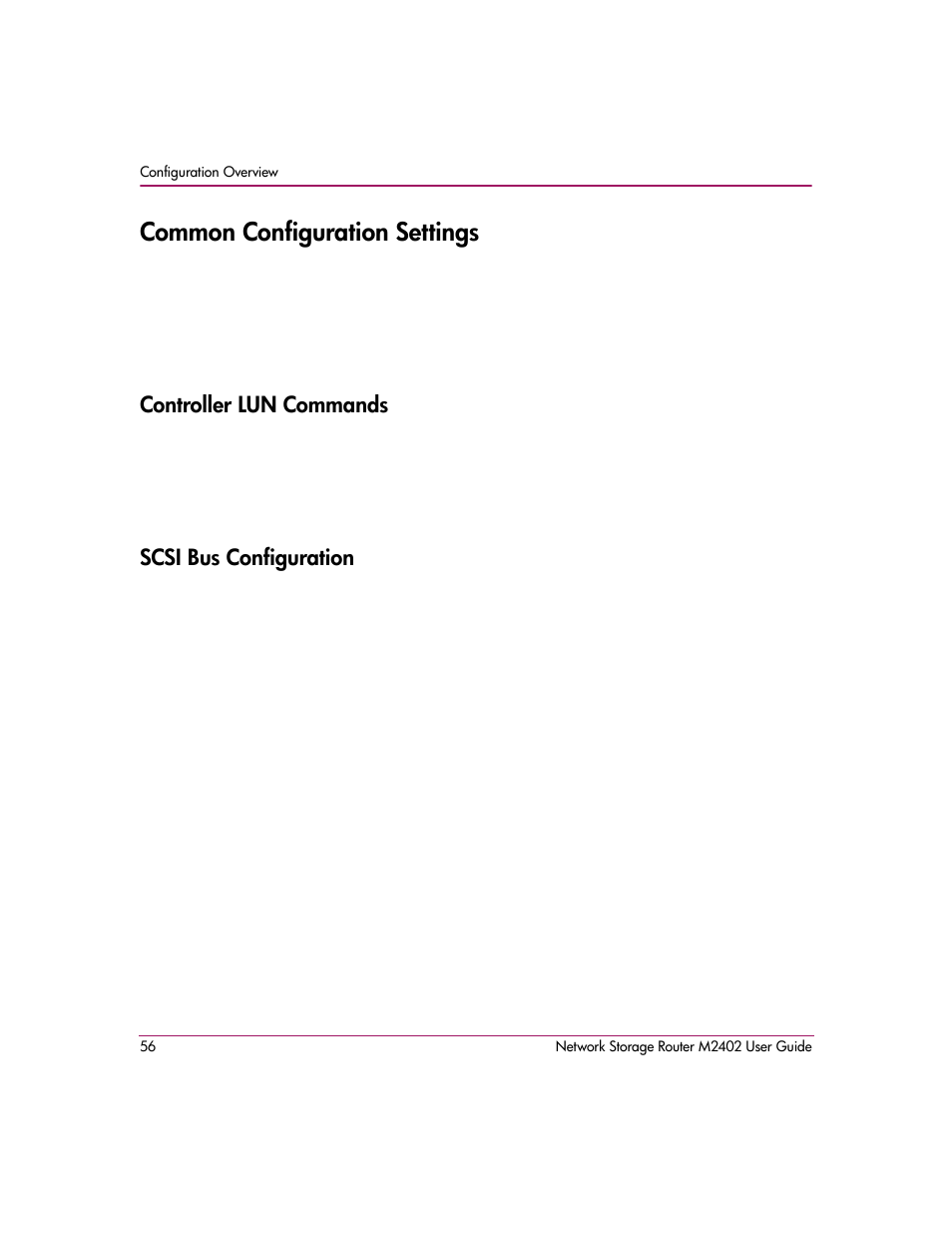 Common configuration settings, Controller lun commands, Scsi bus configuration | Controller lun commands scsi bus configuration | HP Network Storage Router m2402 User Manual | Page 50 / 244