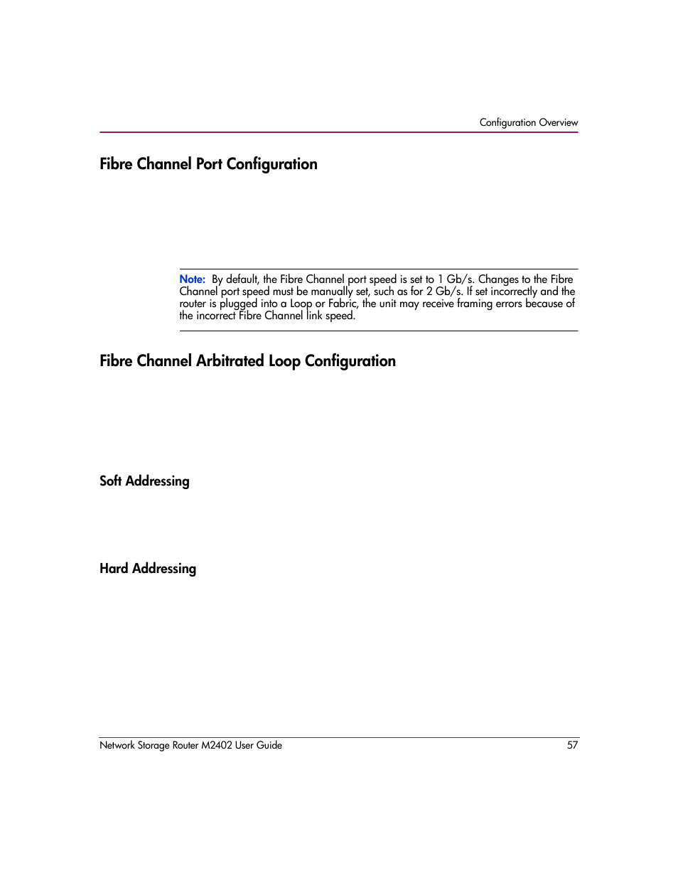 Fibre channel port configuration, Fibre channel arbitrated loop configuration, Soft addressing | Hard addressing, Soft addressing hard addressing | HP Network Storage Router m2402 User Manual | Page 51 / 244