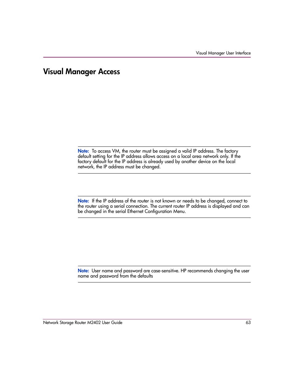Visual manager access | HP Network Storage Router m2402 User Manual | Page 57 / 244