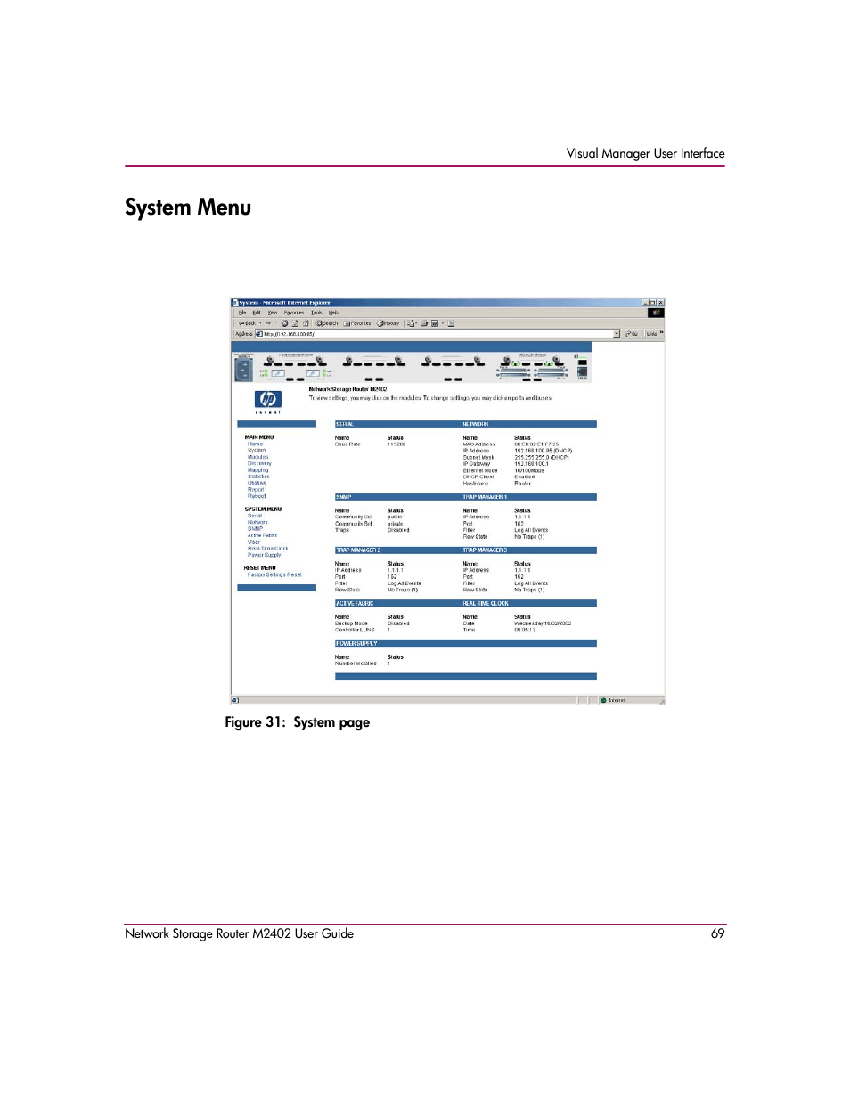 System menu | HP Network Storage Router m2402 User Manual | Page 63 / 244