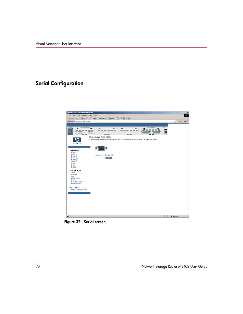 Serial configuration, Figure 32: serial screen | HP Network Storage Router m2402 User Manual | Page 64 / 244