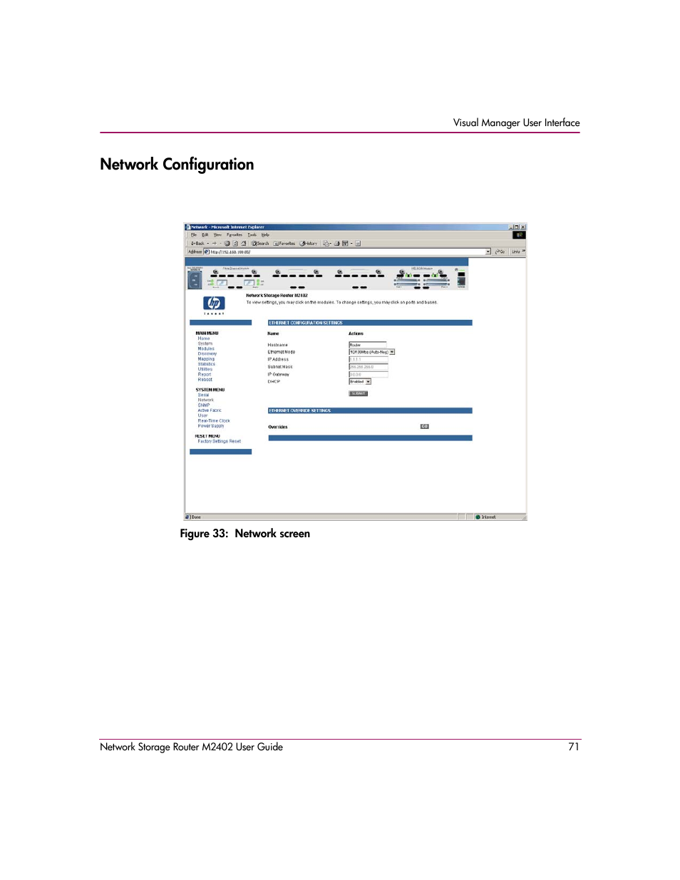 Network configuration, Figure 33: network screen | HP Network Storage Router m2402 User Manual | Page 65 / 244