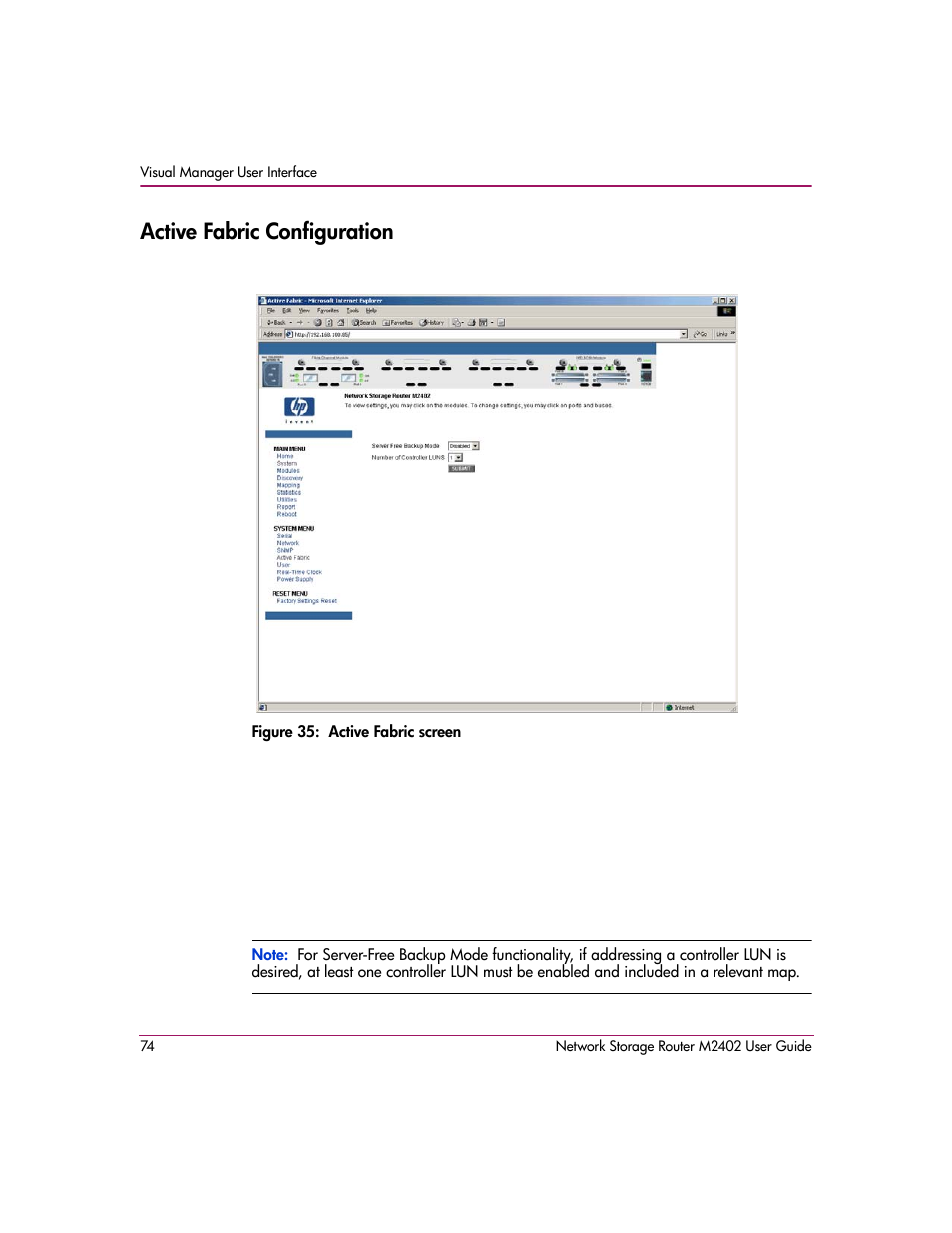 Active fabric configuration, Figure 35: active fabric screen | HP Network Storage Router m2402 User Manual | Page 68 / 244