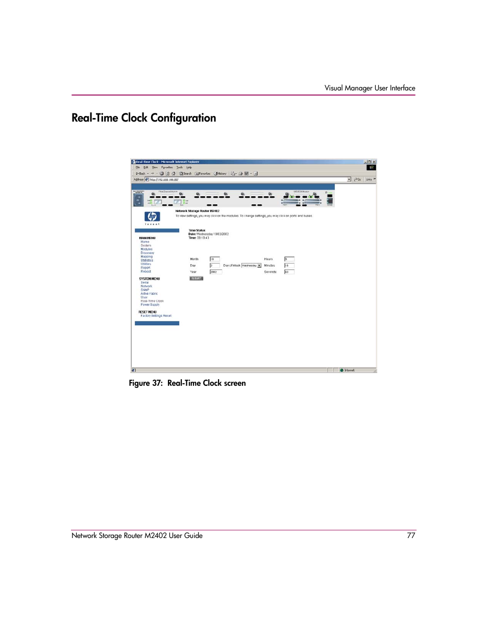 Realtime clock configuration, Figure 37: realtime clock screen, Real-time clock configuration | HP Network Storage Router m2402 User Manual | Page 71 / 244