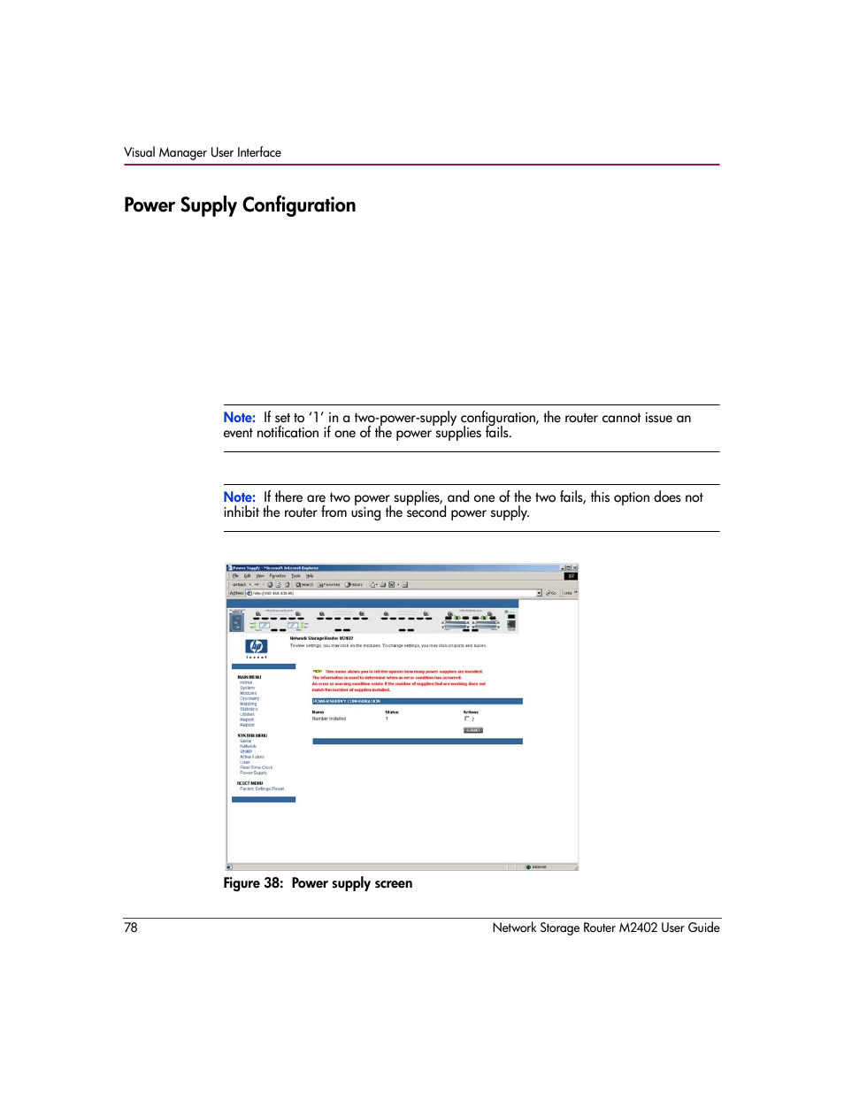 Power supply configuration, Figure 38: power supply screen | HP Network Storage Router m2402 User Manual | Page 72 / 244