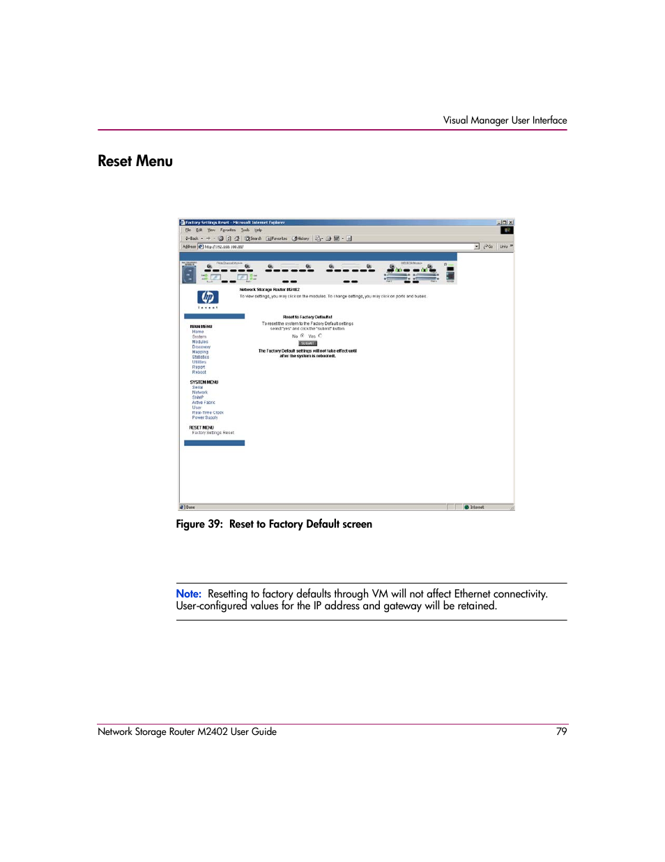 Reset menu, Figure 39: reset to factory default screen | HP Network Storage Router m2402 User Manual | Page 73 / 244