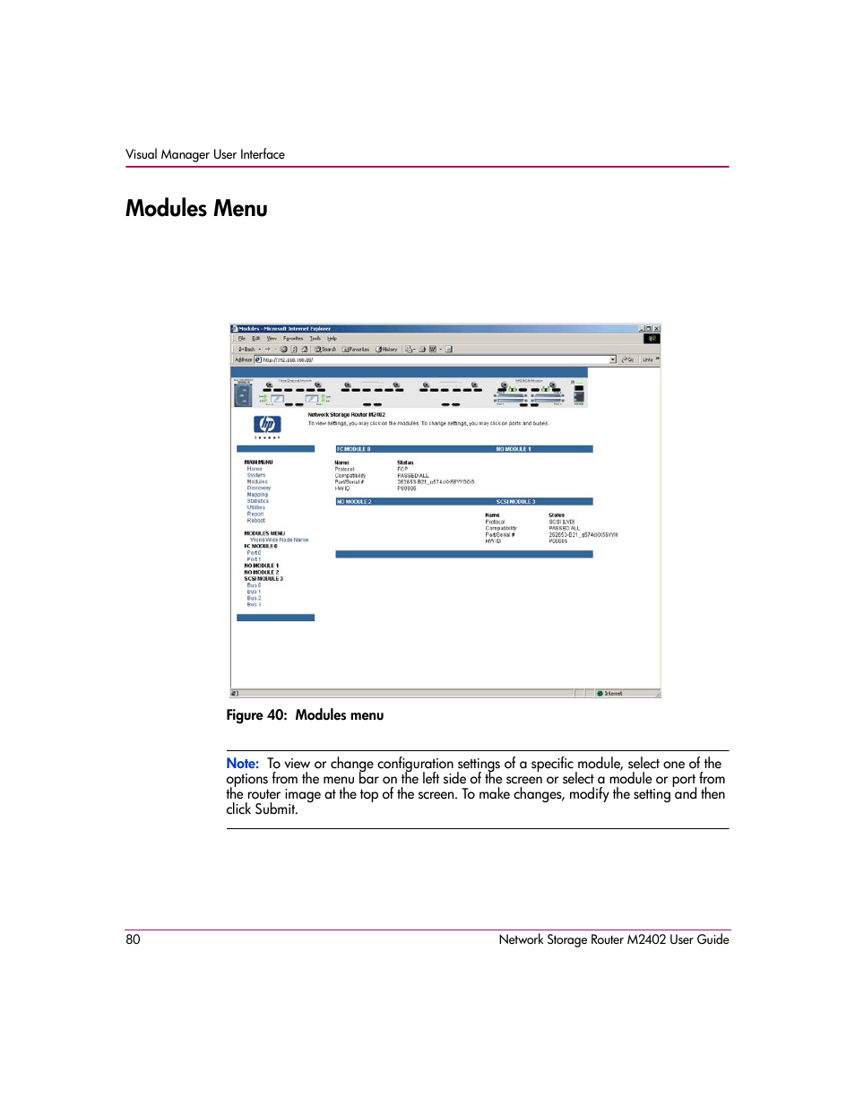 Modules menu, Figure 40: modules menu | HP Network Storage Router m2402 User Manual | Page 74 / 244