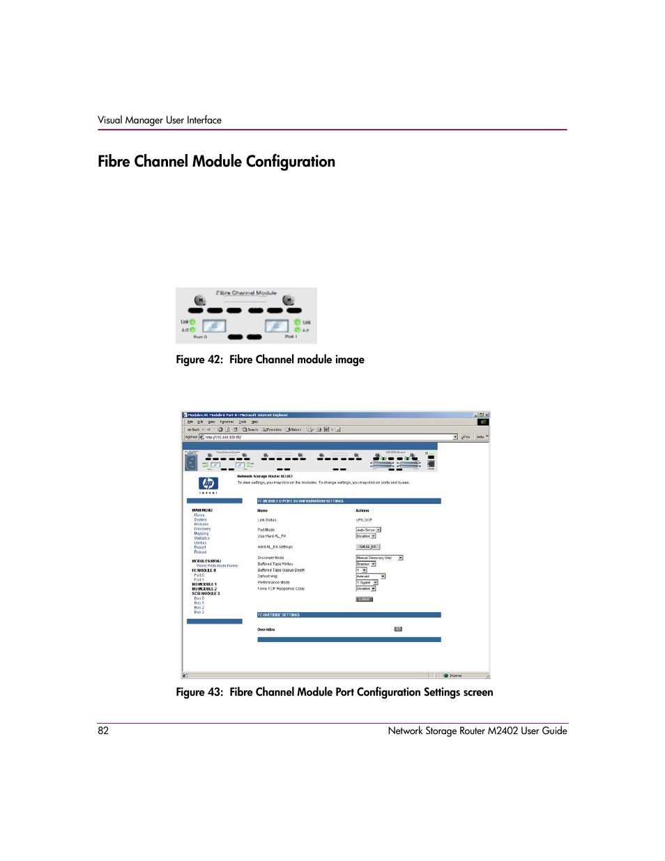 Fibre channel module configuration, Figure 42: fibre channel module image | HP Network Storage Router m2402 User Manual | Page 76 / 244