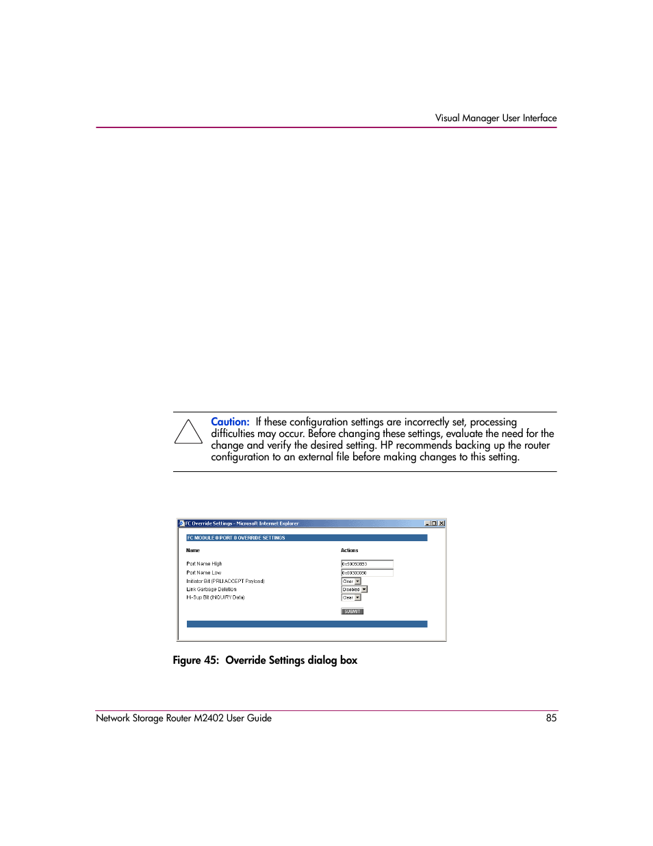 Figure 45: override settings dialog box | HP Network Storage Router m2402 User Manual | Page 79 / 244