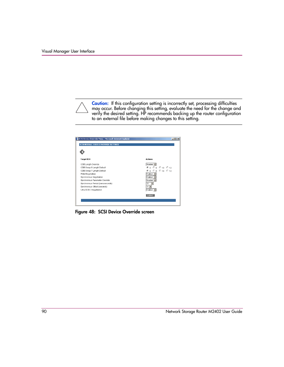 Figure 48: scsi device override screen | HP Network Storage Router m2402 User Manual | Page 84 / 244