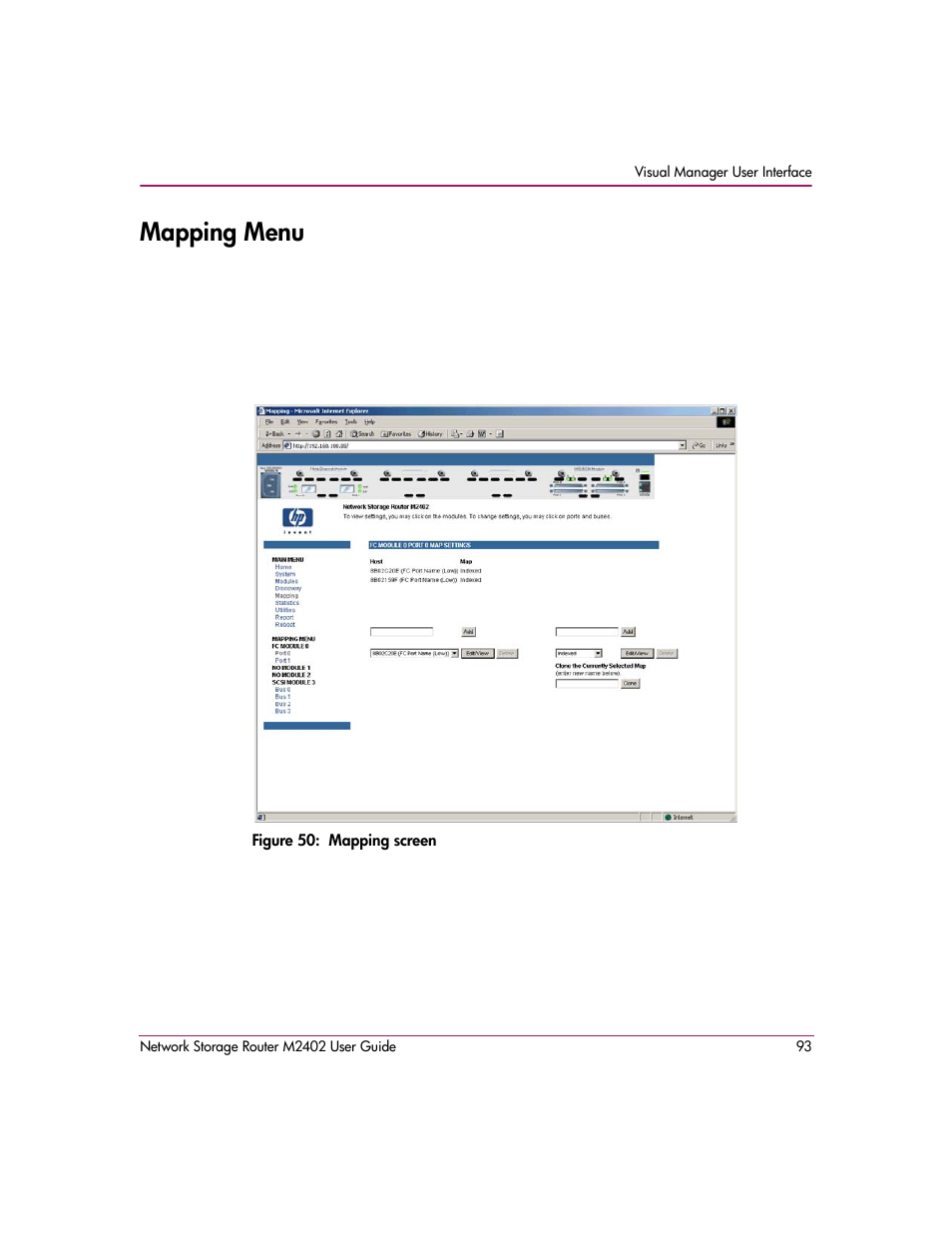 Mapping menu, Figure 50: mapping screen | HP Network Storage Router m2402 User Manual | Page 87 / 244