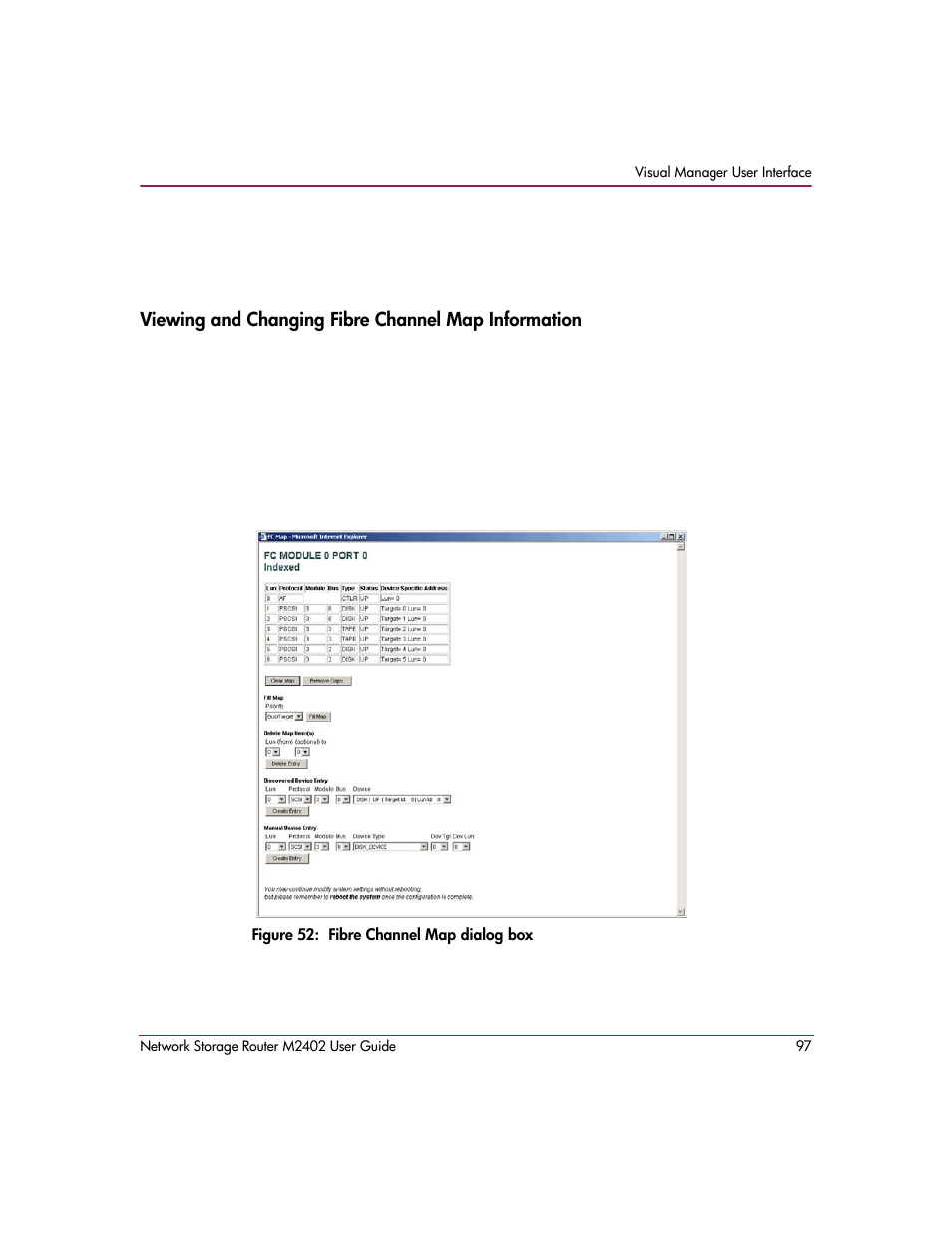Viewing and changing fibre channel map information, Figure 52: fibre channel map dialog box | HP Network Storage Router m2402 User Manual | Page 91 / 244