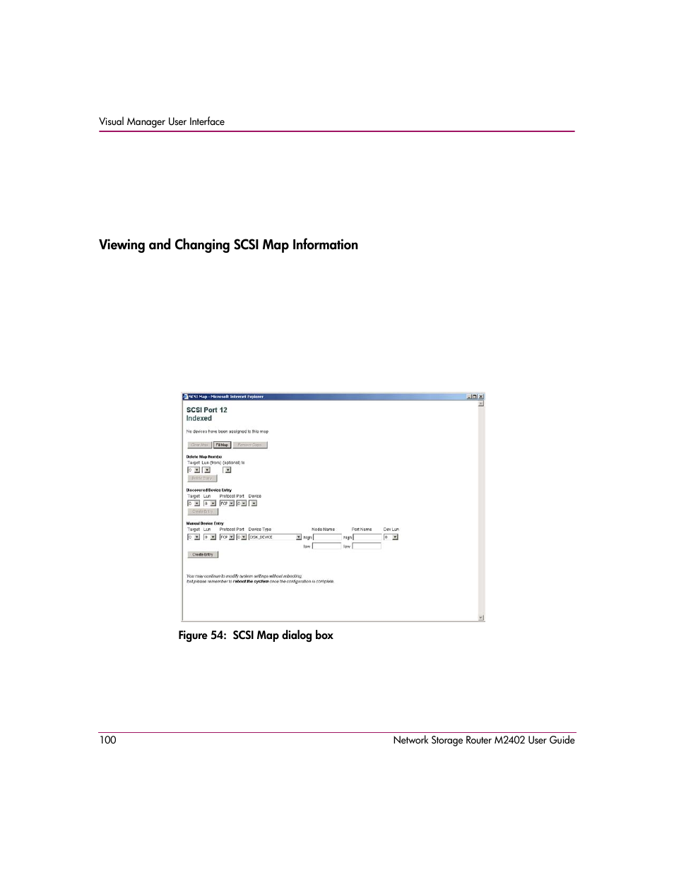 Viewing and changing scsi map information, Figure 54: scsi map dialog box | HP Network Storage Router m2402 User Manual | Page 94 / 244
