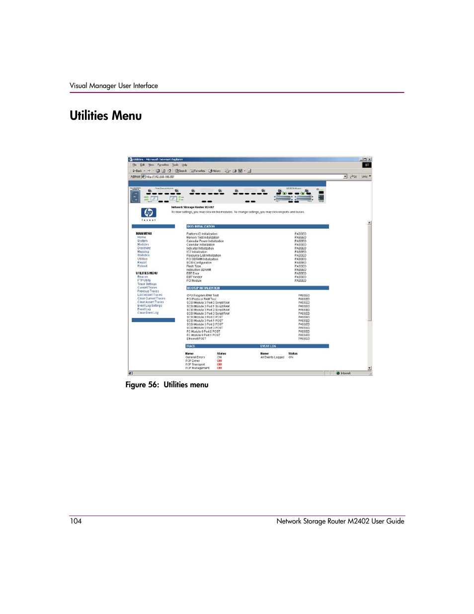Utilities menu, Figure 56: utilities menu | HP Network Storage Router m2402 User Manual | Page 98 / 244
