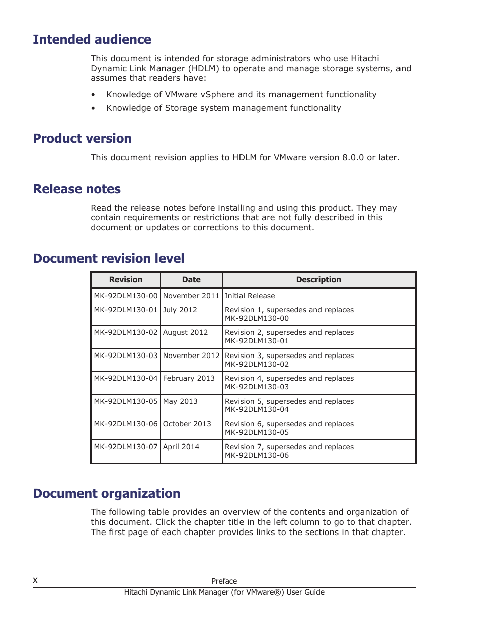 Intended audience, Product version, Release notes | Document revision level, Document organization | HP XP7 Storage User Manual | Page 10 / 250