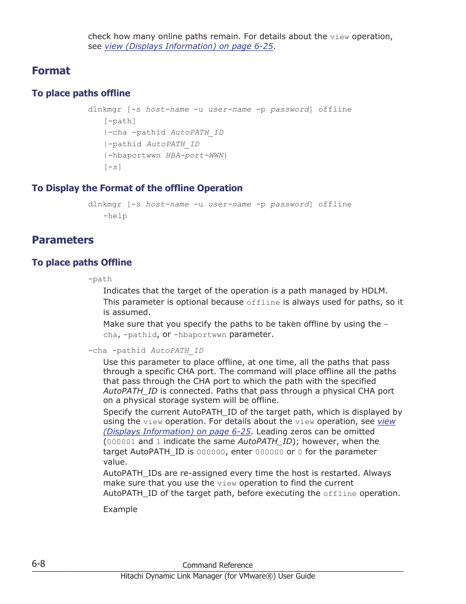 Format, Parameters, Format -8 | To place paths offline -8, To display the format of the offline operation -8, Parameters -8 | HP XP7 Storage User Manual | Page 100 / 250