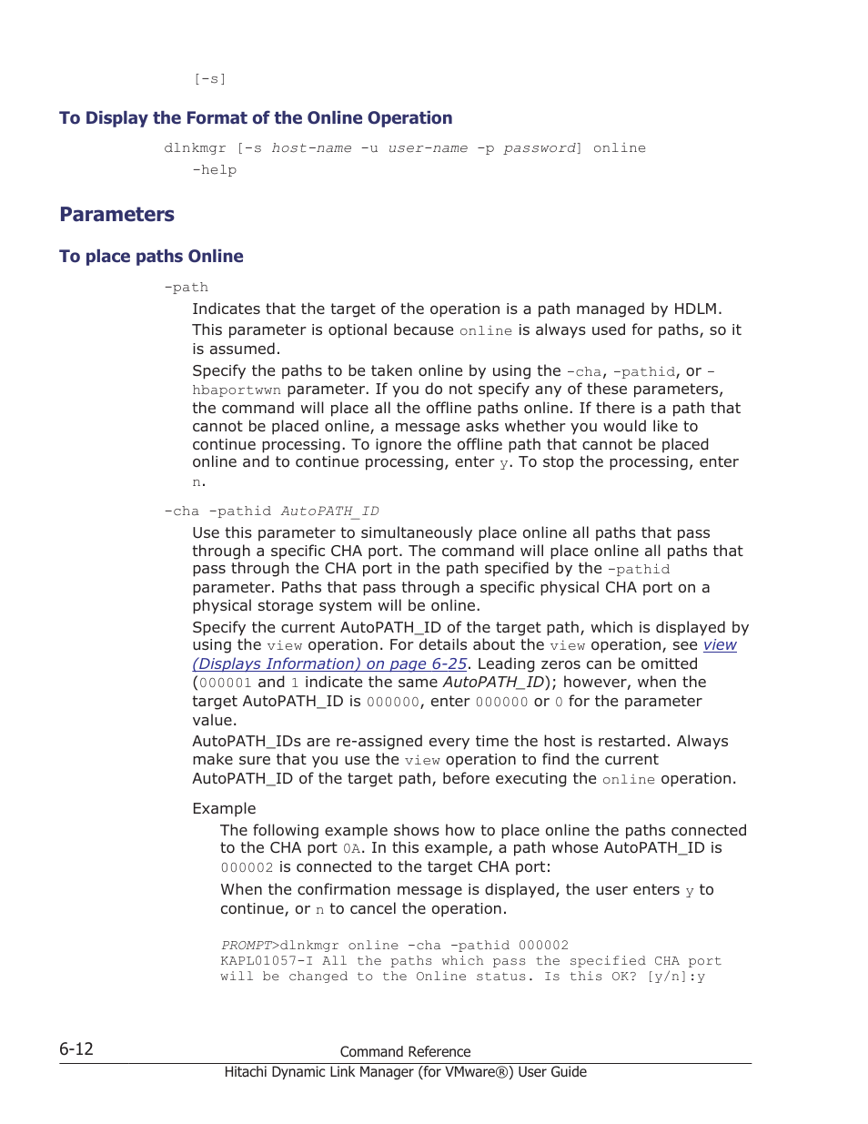 Parameters, To display the format of the online operation -12, Parameters -12 | To place paths online -12 | HP XP7 Storage User Manual | Page 104 / 250