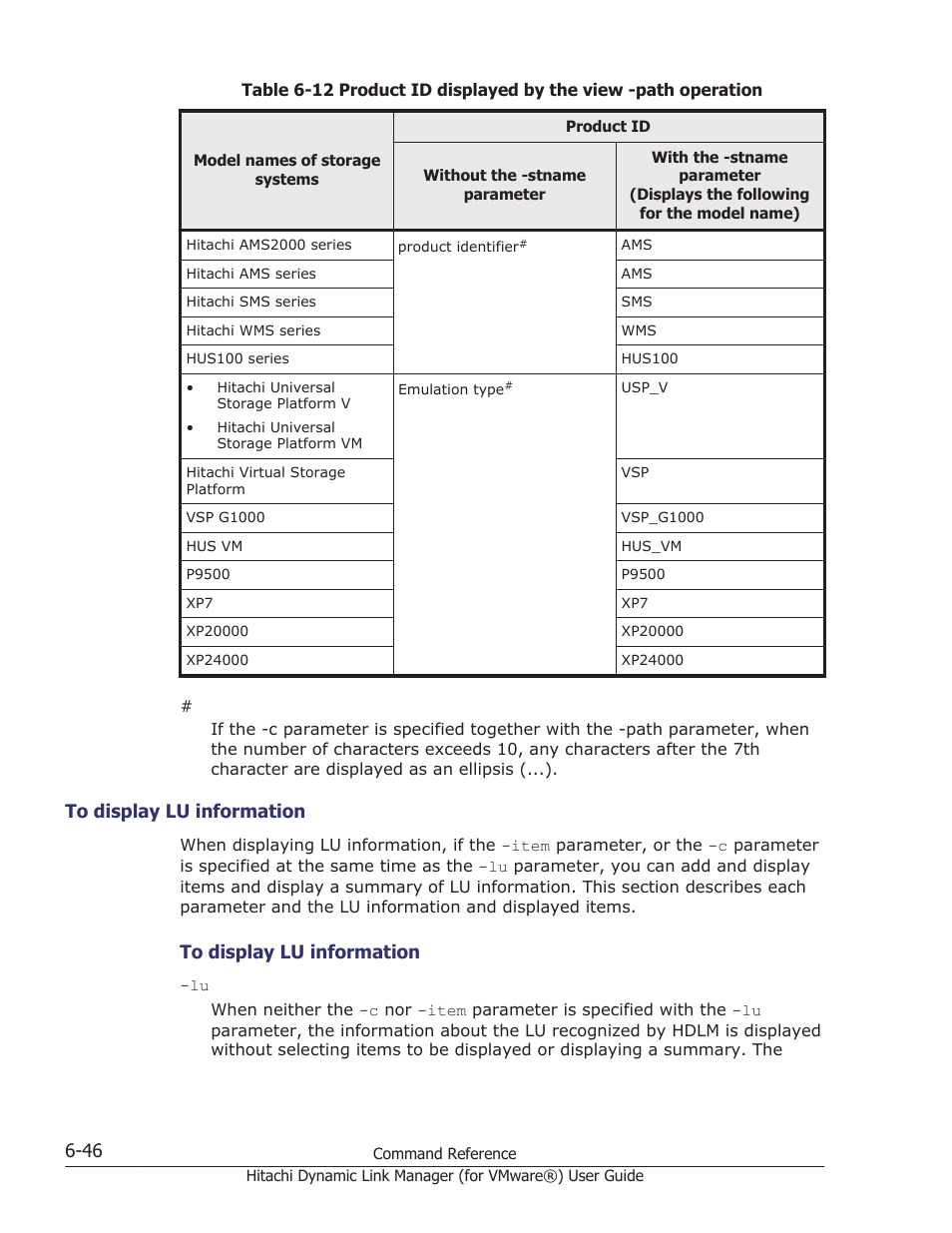 To display lu information -46, Table, For more details, see | Table 6-12 product id displayed | HP XP7 Storage User Manual | Page 138 / 250