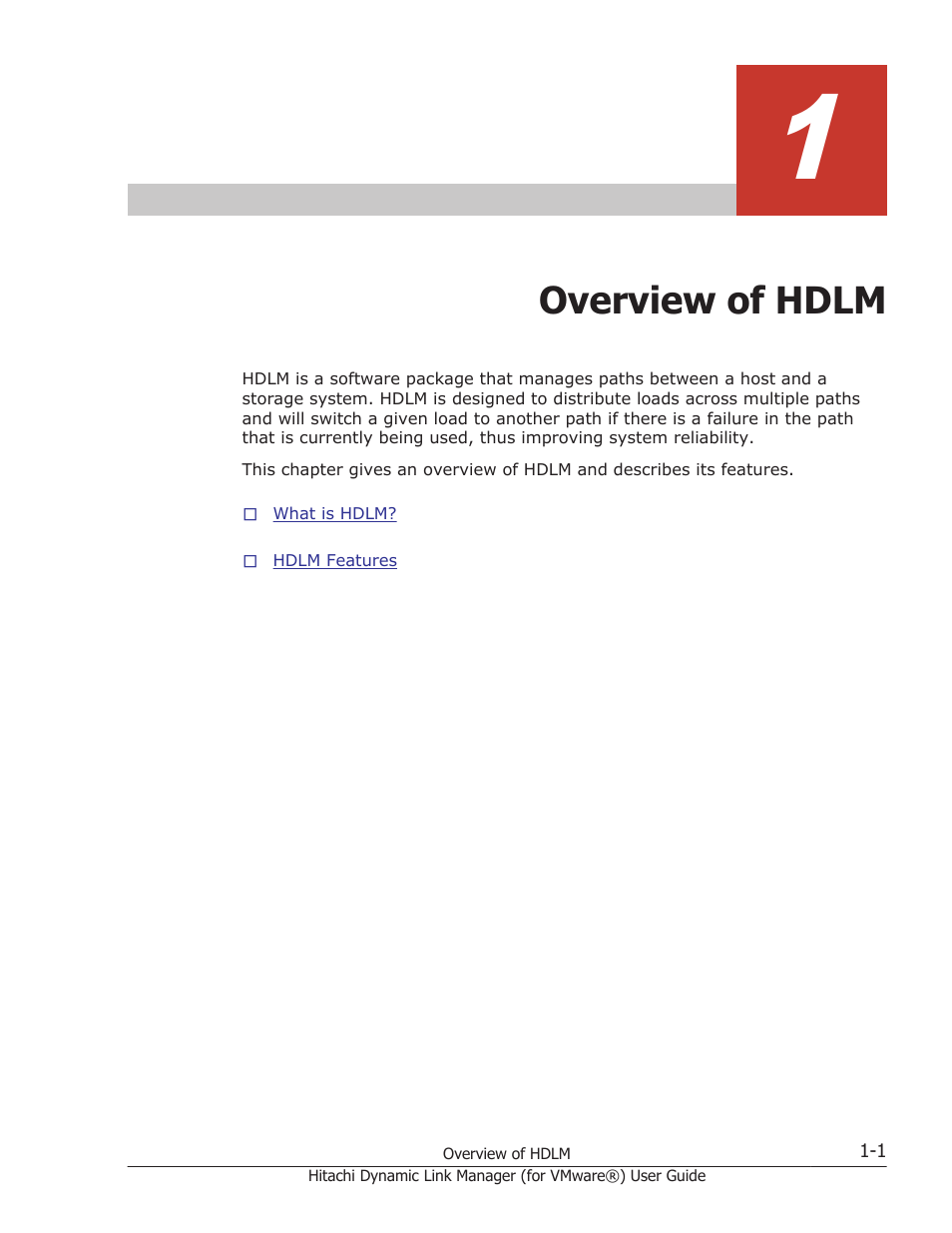 Overview of hdlm, 1 overview of hdlm -1, Chapter 1, overview of hdlm on | HP XP7 Storage User Manual | Page 15 / 250