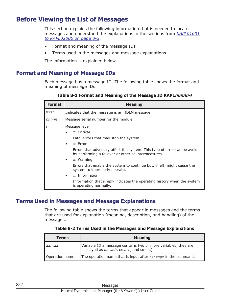 Before viewing the list of messages, Format and meaning of message ids, Terms used in messages and message explanations | Before viewing the list of messages -2, Format and meaning of message ids -2, Terms used in messages and message explanations -2, Table 8-1 format and meaning of the message, Format and meaning of message ids on, Table 8-1 format and, Format and | HP XP7 Storage User Manual | Page 166 / 250