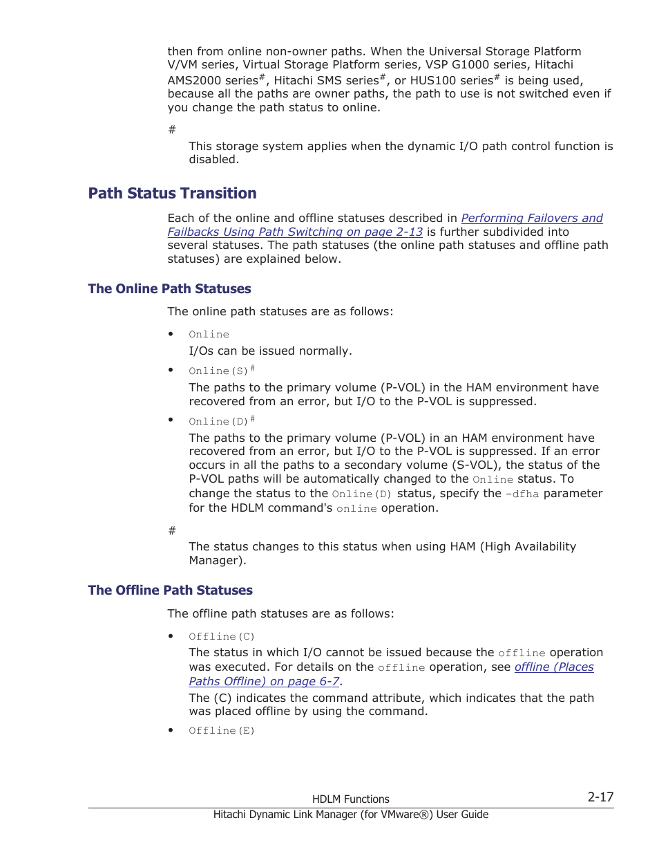 Path status transition, Path status transition -17, The online path statuses -17 | The offline path statuses -17, Path | HP XP7 Storage User Manual | Page 35 / 250