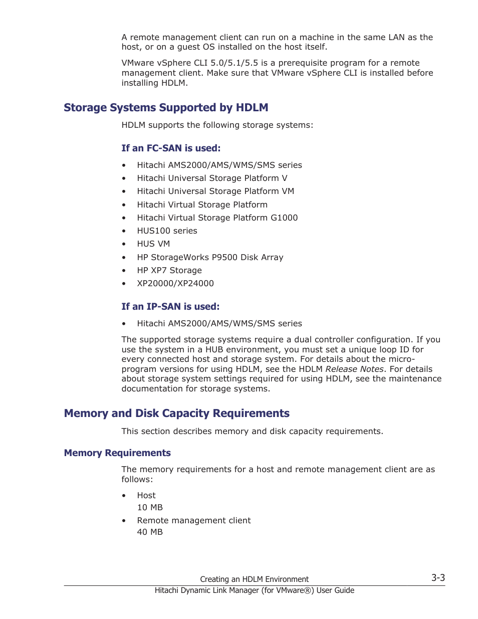 Storage systems supported by hdlm, Memory and disk capacity requirements, Storage systems supported by hdlm -3 | Memory and disk capacity requirements -3, Memory requirements -3 | HP XP7 Storage User Manual | Page 55 / 250