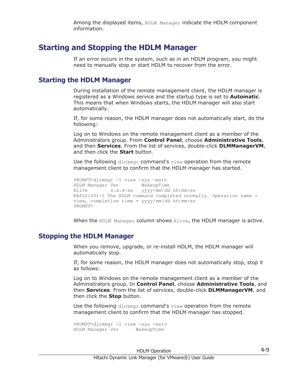 Starting and stopping the hdlm manager, Starting the hdlm manager, Stopping the hdlm manager | Starting and stopping the hdlm manager -9, Starting the hdlm manager -9, Stopping the hdlm manager -9 | HP XP7 Storage User Manual | Page 85 / 250