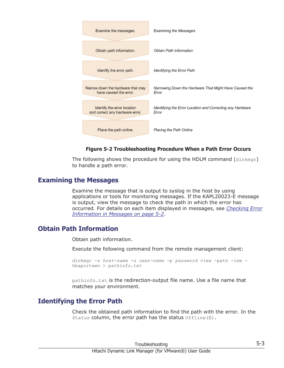 Examining the messages, Obtain path information, Identifying the error path | Examining the messages -3, Obtain path information -3, Identifying the error path -3 | HP XP7 Storage User Manual | Page 89 / 250