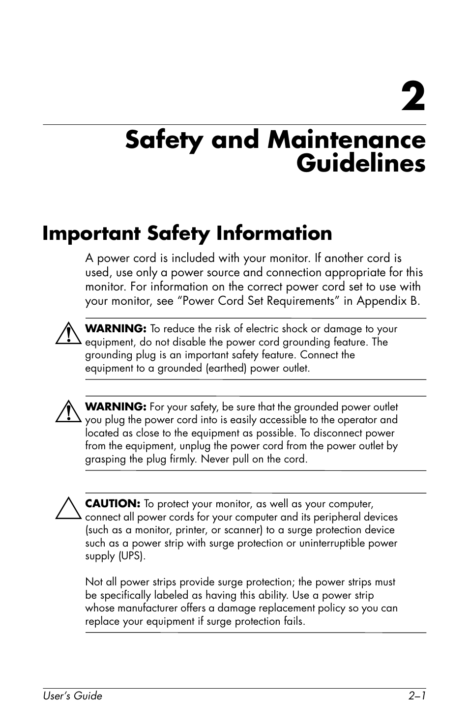 Safety and maintenance guidelines, Important safety information, 2 safety and maintenance guidelines | Important safety information –1 | HP vs17x 17 inch LCD Monitor User Manual | Page 13 / 78