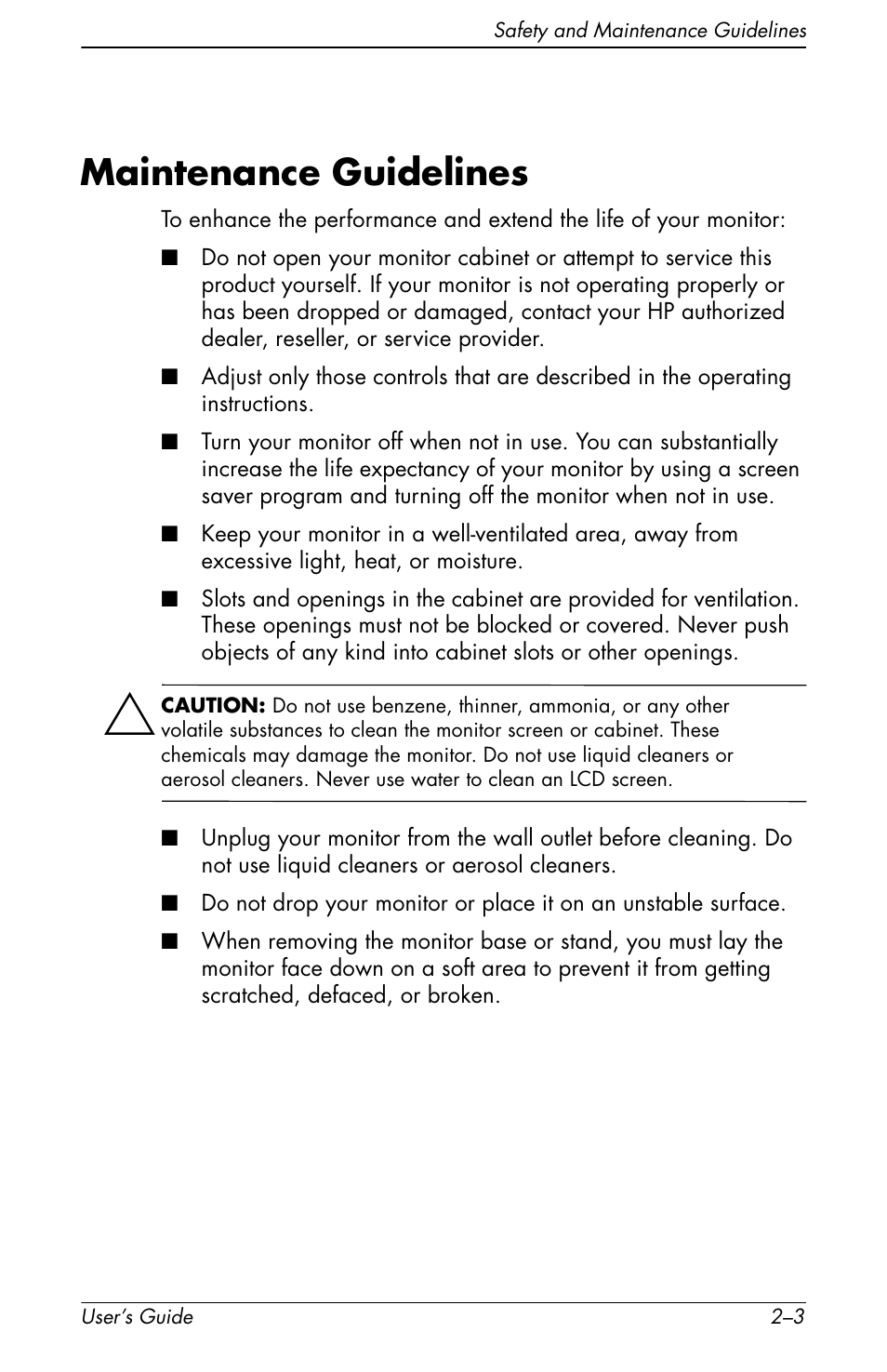 Maintenance guidelines, Maintenance guidelines –3 | HP vs17x 17 inch LCD Monitor User Manual | Page 15 / 78