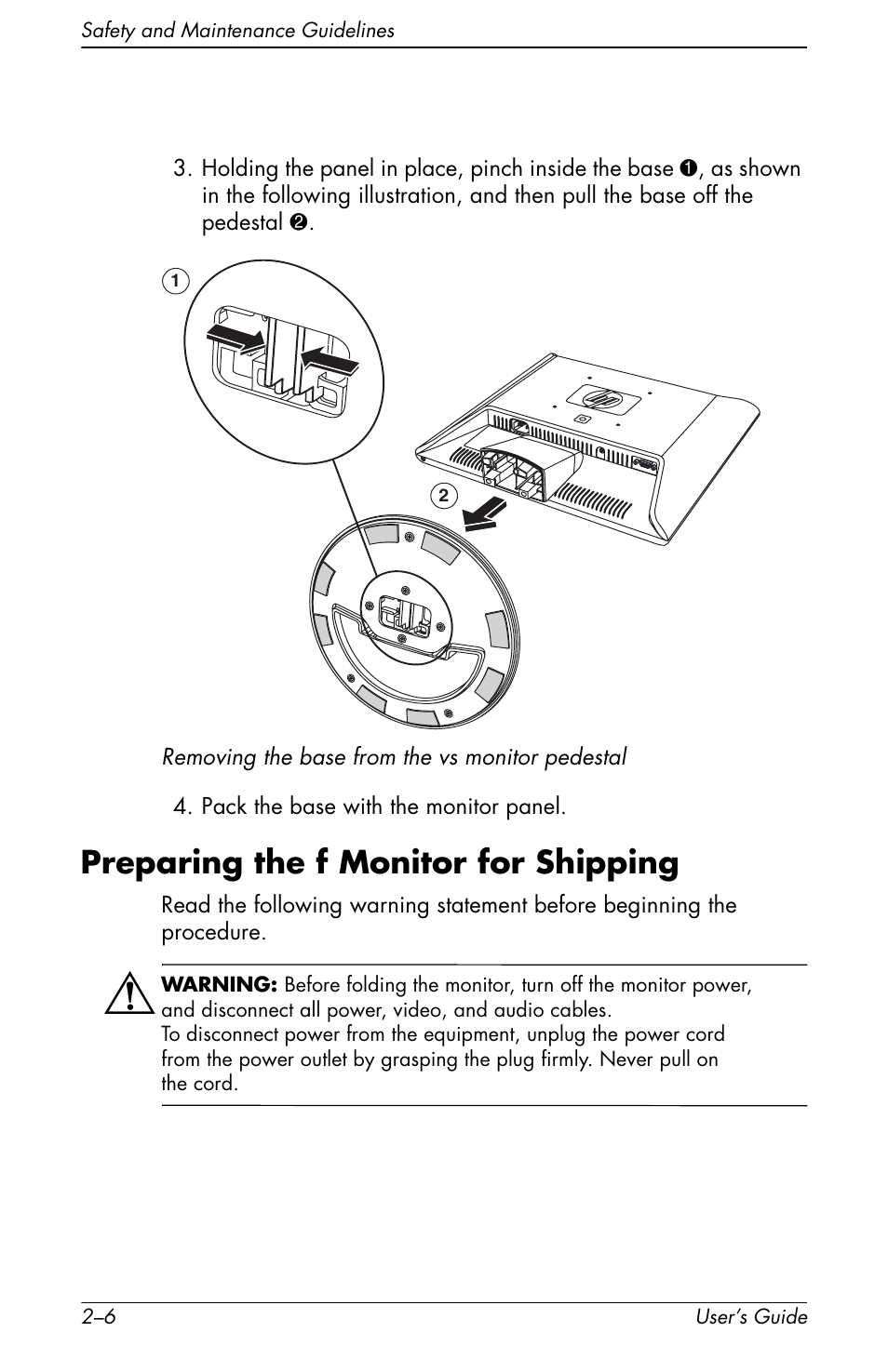 Preparing the f monitor for shipping –6, Preparing the f monitor for shipping | HP vs17x 17 inch LCD Monitor User Manual | Page 18 / 78
