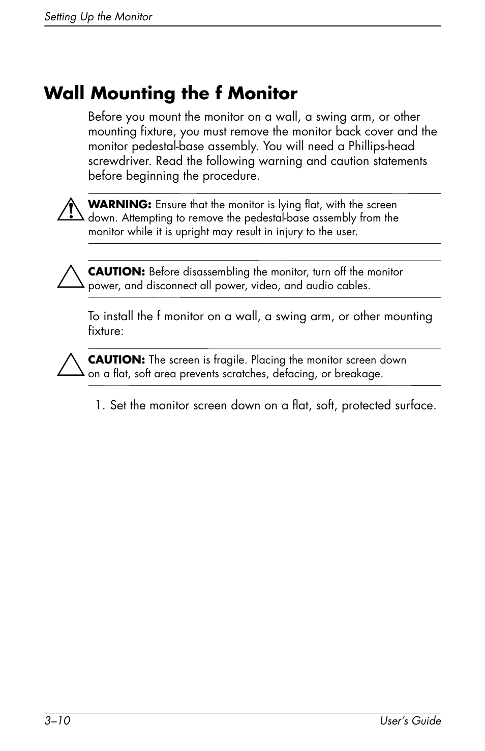 Wall mounting the f monitor –10 | HP vs17x 17 inch LCD Monitor User Manual | Page 30 / 78
