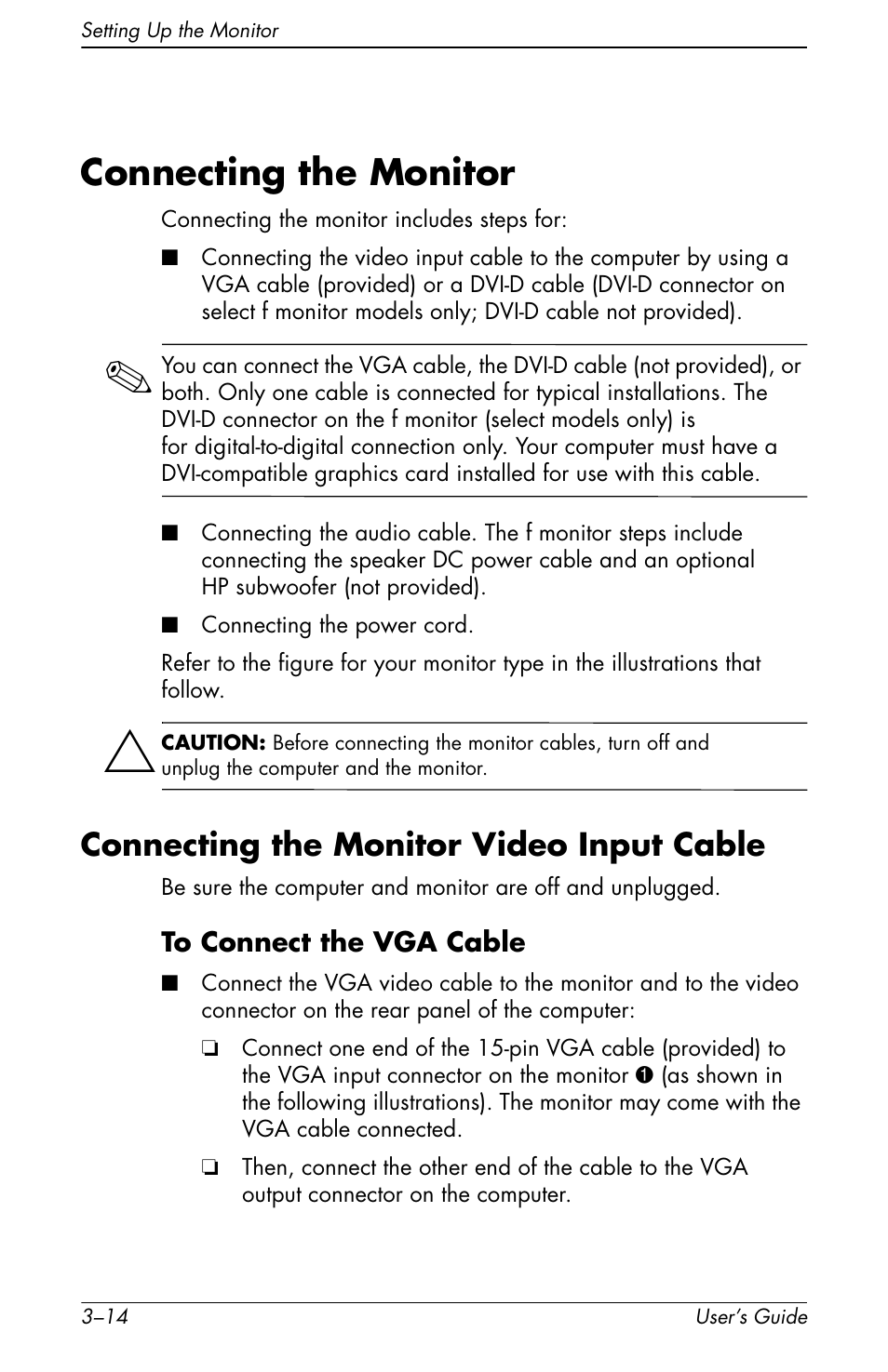 Connecting the monitor, Connecting the monitor –14, Connecting the monitor video input cable –14 | Connecting the monitor video input cable | HP vs17x 17 inch LCD Monitor User Manual | Page 34 / 78