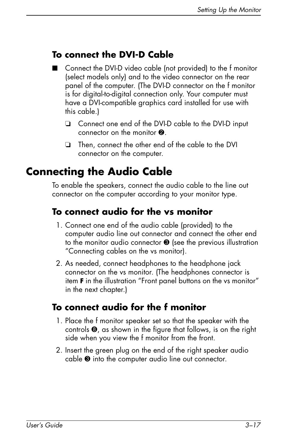 Connecting the audio cable –17, Connecting the audio cable | HP vs17x 17 inch LCD Monitor User Manual | Page 37 / 78