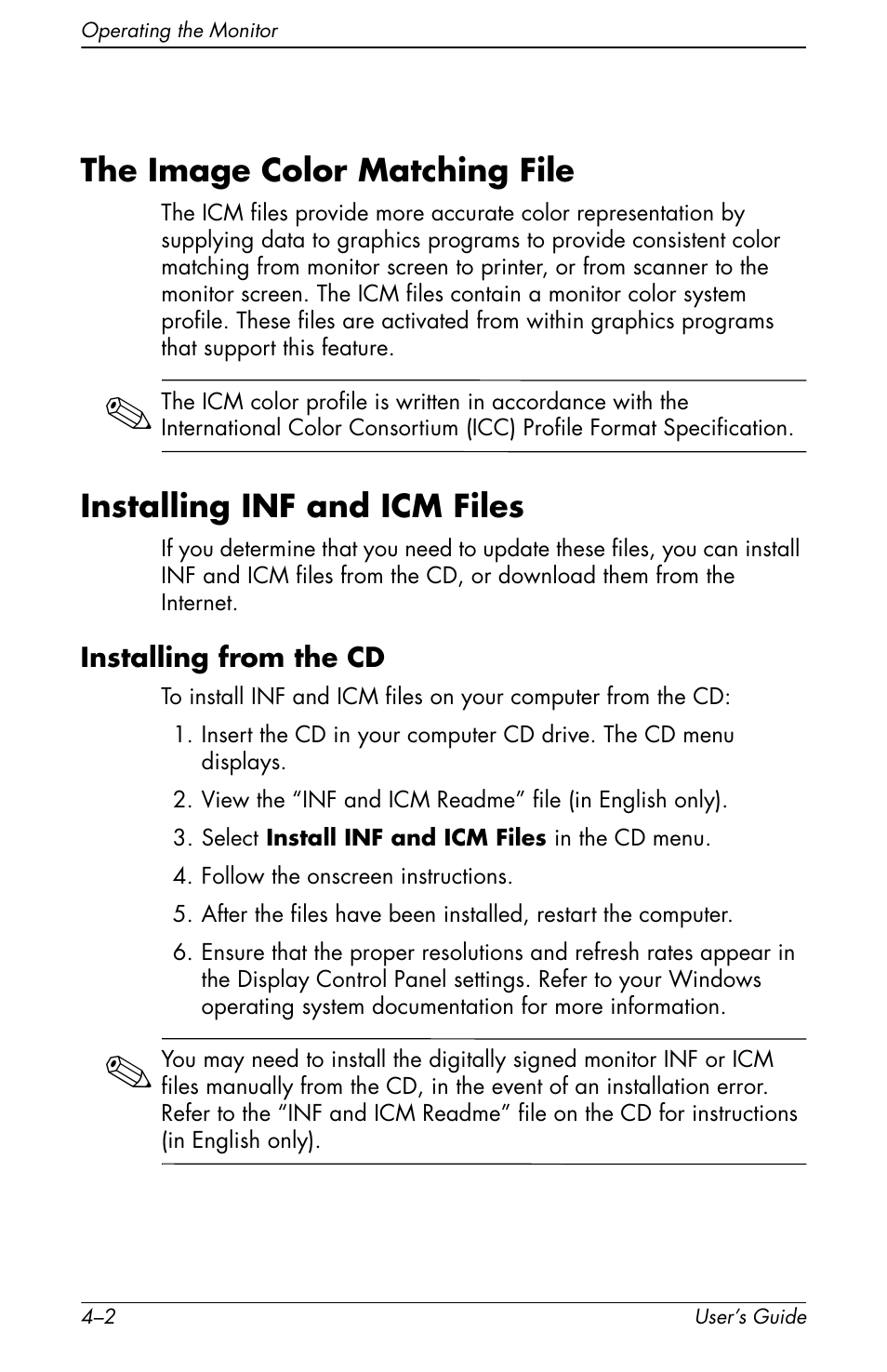 Installing from the cd –2, The image color matching file, Installing inf and icm files | HP vs17x 17 inch LCD Monitor User Manual | Page 42 / 78
