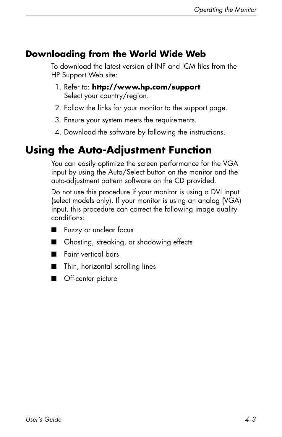 Downloading from the world wide web –3, Using the auto-adjustment function –3, Using the auto-adjustment function | Downloading from the world wide web | HP vs17x 17 inch LCD Monitor User Manual | Page 43 / 78