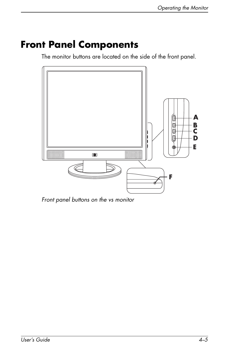Front panel components, Front panel components –5 | HP vs17x 17 inch LCD Monitor User Manual | Page 45 / 78