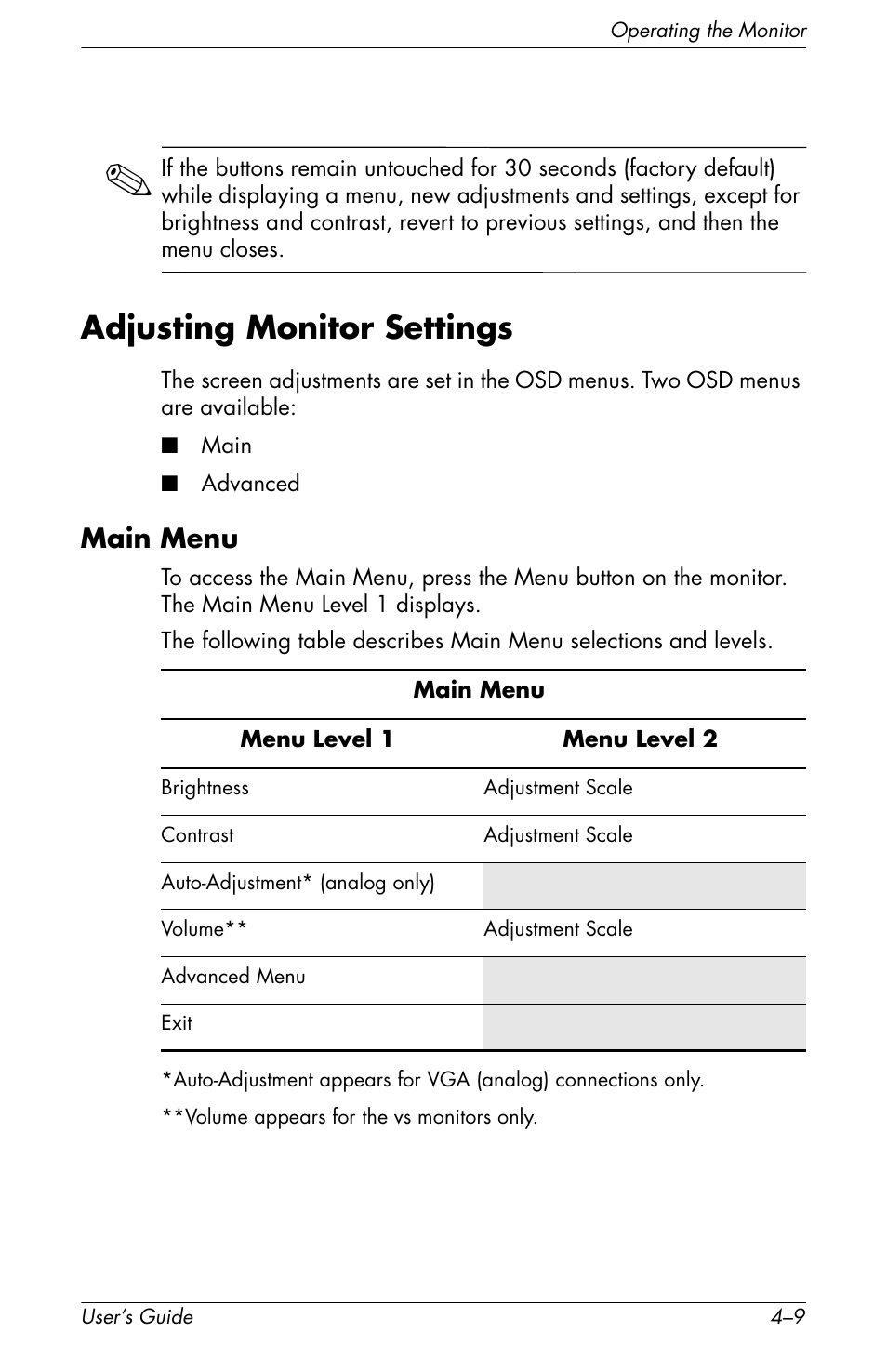 Adjusting monitor settings –9, Main menu –9, Adjusting monitor settings | Main menu | HP vs17x 17 inch LCD Monitor User Manual | Page 49 / 78