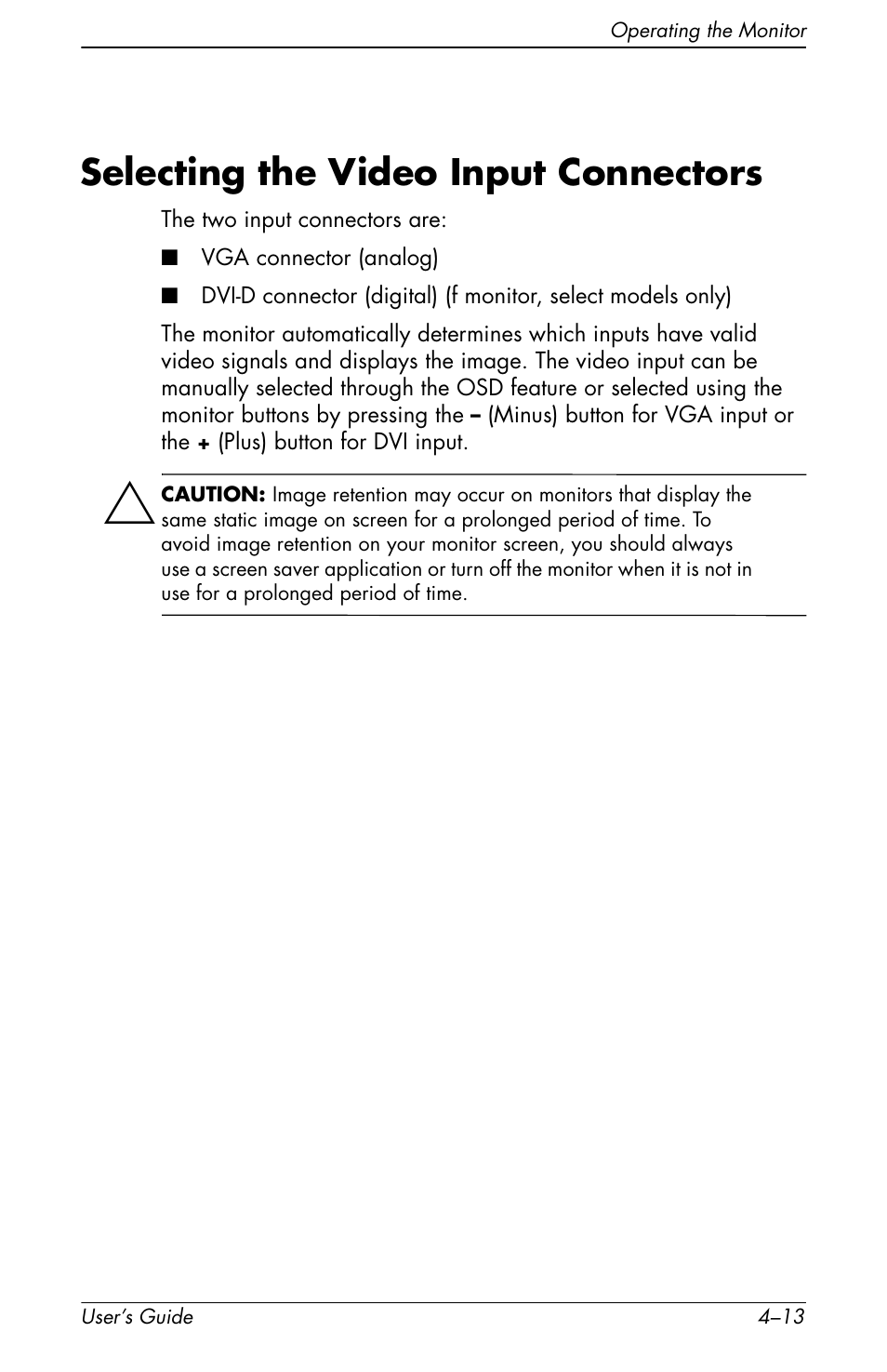 Selecting the video input connectors, Selecting the video input connectors –13 | HP vs17x 17 inch LCD Monitor User Manual | Page 53 / 78