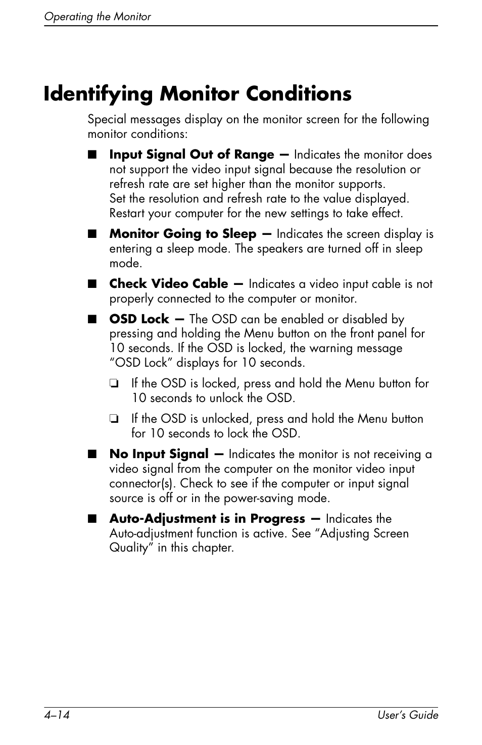Identifying monitor conditions, Identifying monitor conditions –14 | HP vs17x 17 inch LCD Monitor User Manual | Page 54 / 78