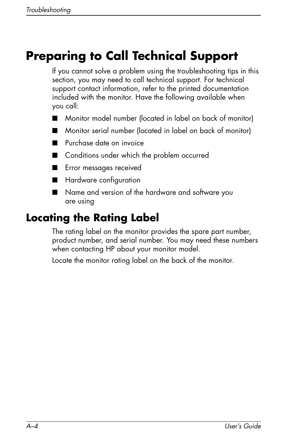 Preparing to call technical support, Locating the rating label | HP vs17x 17 inch LCD Monitor User Manual | Page 62 / 78