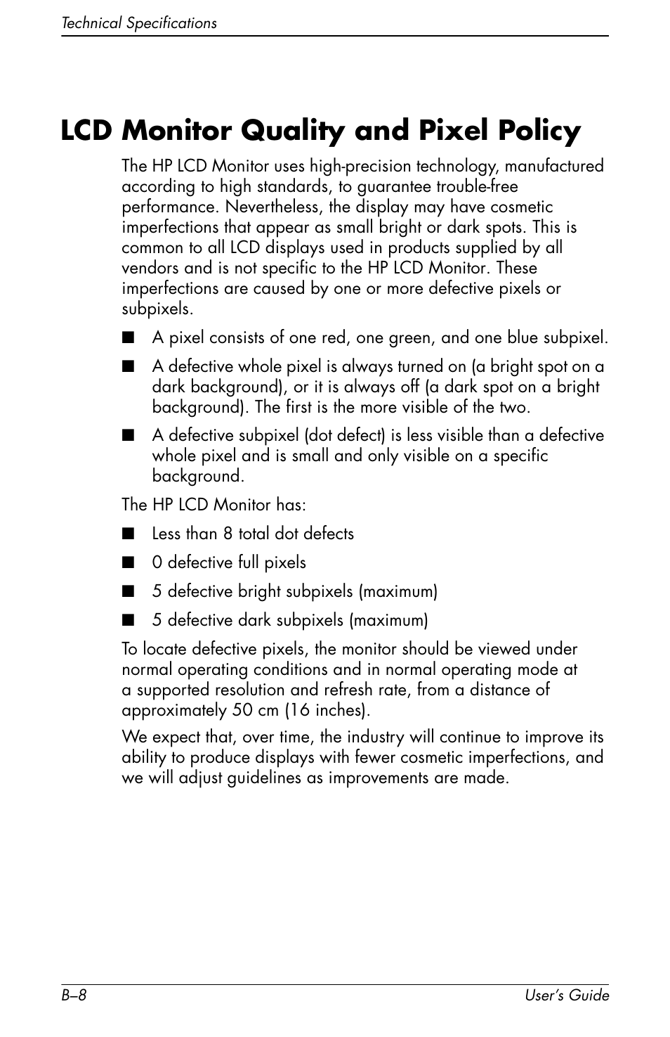 Lcd monitor quality and pixel policy | HP vs17x 17 inch LCD Monitor User Manual | Page 70 / 78